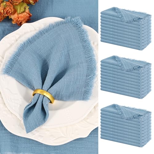 Showgeous 30 Pack Dusty Blue Cloth Napkins with Fringe 16x16 inch 100% Cotton Blue Napkins Handmade Dinner Napkins Bulk Washable Soft Rustic Table Napkins for Wedding Parties Bridal Baby Shower