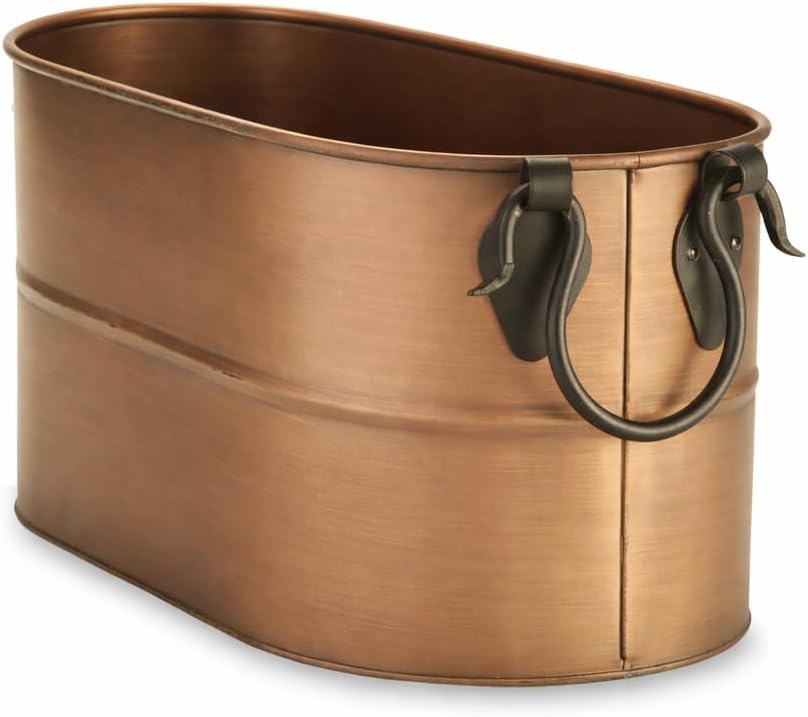 Plow & Hearth Vintage-Style Antique Copper Firewood Bucket with Wrought Iron Handles | Decorative Firewood Rack | Galvanized Steel Log Holder for Fireplace