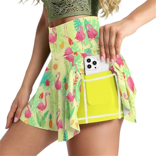 MSOKAZZLES Pink Flamingo Tennis Skirt for Women with Pockets Inner Shorts, High Waisted Athletic Golf Skorts for Running Workout Sports L
