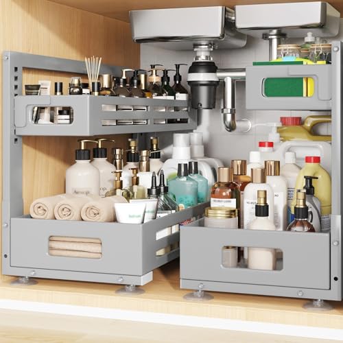 Image of 2 Pack 21IN-Depth Under Sink Organizer,Pull Out Cabinet Organizer With Smooth Cylindrical Rail,Metal Slide Out Drawer for Kitchen Bathroom Laundry,8-Level Tool Free Height Adjustable-Gun Gray