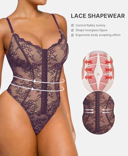 Image of SHAPELLX Lace Bodysuit for Women Tummy Control Shapewear Backless Body Suits One Piece Body Shaper Thongs