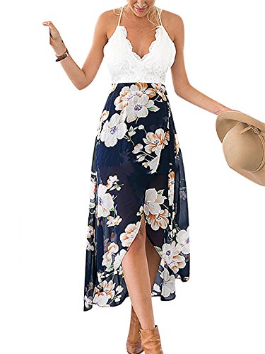 Famulily Women's V-Neck Lace Patchwork Irregular Hem Floral Maxi Dress Large