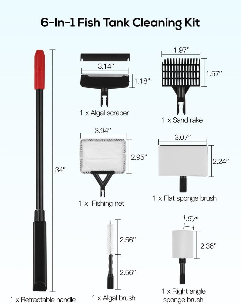Fish Tank Cleaner Brush Kit with 34’’ Adjustable Handle, Aquarium Cleaning Tools, 6-in-1 Telescopic with Fish Net, Algae Scraper, Algal Brush & Sand Rake