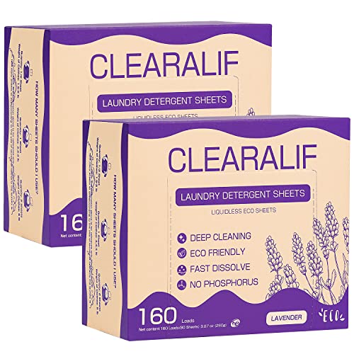 Hojas de detergente para ropa (160 hojas), lavanda, hasta 320 cargas, ideal para viajes, apartamentos, dormitorios, tiras de detergente para ropa CLEARALIF ecológicas e hipoalergénicas (80 unidades