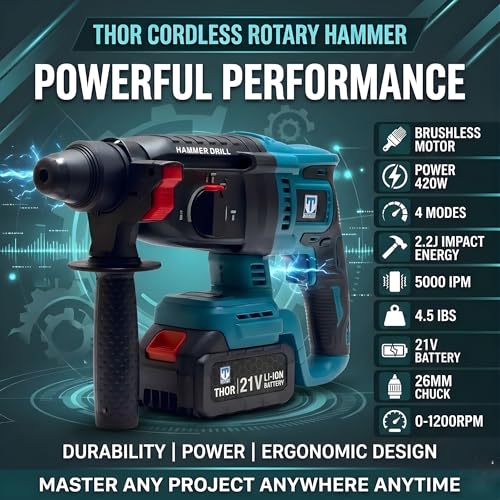 Image of THOR 21V Cordless Rotary Hammer Drill - Brushless Motor, 4.0Ah Lithium-Ion Battery, SDS Plus Chuck 26mm, 4 Modes, 2.2J Impact Energy, 0-1200 RPM, 5000 IPM, Lightweight 4.45lbs