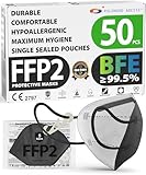 FFP2 NR D Masks Pack of 50 – Black, CE certified, controlled supply chain, comfortable, hypoallergenic, and adjustable elastic bands. Safe: filtration in wear simulation 99.5%. Single sealed pouches