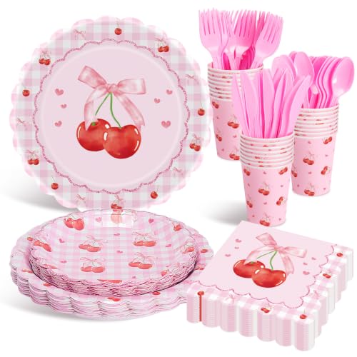 Hayfige 168 Pcs Cherry Birthday Decorations Set, Disposable Pink Bows Cherry Paper Plates and Napkins Cups Tableware for Cherries Fruit Themed Baby Shower Party Supplies Table Decoration, Serves 24 - image 1