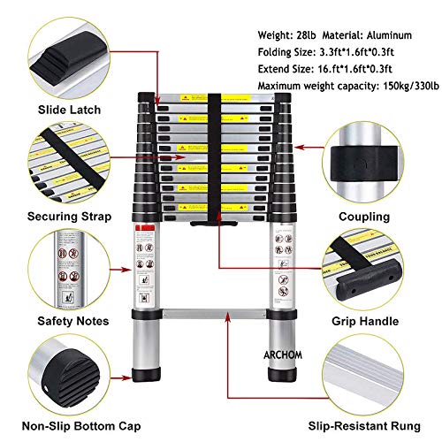 Telescoping Ladder, Archom 16Ft Aluminum Telescopic Ladder Portable Lightweight Ladder Collapsible Extension Ladder For Home Roof Attic Loft Rv With En131 Certification, 330Lbs Max Capacity #TOP1