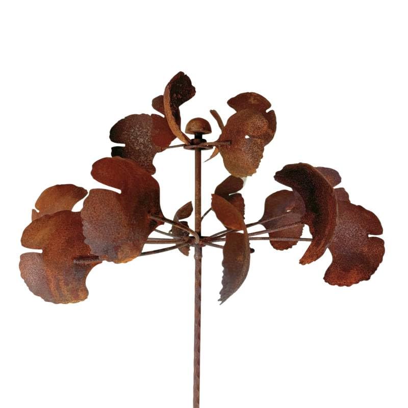 L'Héritier Du Temps Windkraftanlage, doppelt, beweglich, oxidierter Stahl, Motiv Gingko-Blätter, Biloba, Gartendekoration, 49 x 49 x 193 cm