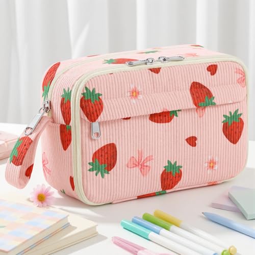 shiprabags Large Pencil Pouch for Girls Cute Corduroy Pencil Case Pouch Aesthetic Soft Pencil Bag for School Zippered Pencil Organizer School Supplies for Teen Girls Women Gift (Strawberry)