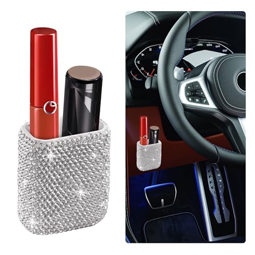 VKQTS Bling Chapstick Holder for Car with Rhinestone Portable Car Chapstick Holder as Chapsticks Organizer Self-Adhesive Cars Lip Balm Holders Cars Interior Accessories for Women (White)