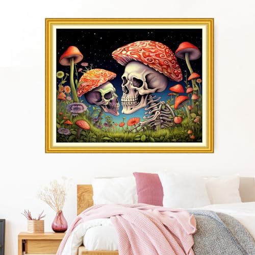 Image of Funxvoot Stamped Cross Stitch Kits Beginners Full Range of Embroidery Starter Kits for Adults 11CT Printed Cross Stitch Kits for Beginners Adults-Skeleton Mushroom 16x20 inch