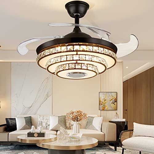 Fandian 42" Modern Fandelier Ceiling Fan With Light,Smart Bluetooth Crystal Chandelier With Music Player, Rgb Dimmable Lighting, Retractable Reversible Fan For Living Bedroom #TOP1