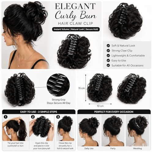 Image of Curly Hair Bun Claw Clip Extension for Women & Girls, Black