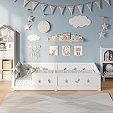 BursDany - Cama de suelo infantil de 90 x 200 cm, marco de madera maciza reforzada con barrera de seguridad y somier de láminas, diseño estrellas-luna para 3-8 años, blanco (sin colchón)