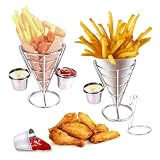 Eyourlife 2 Pieces French Fry Serving Stands with Double Sauce Holders, Stainless Steel Fry Cone Basket, Fish and Chips Holder, for Restaurant Cafe Table Food Serving