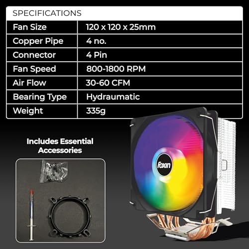 Image of Foxin FCF 004 CPU Cooling Fan with Rainbow LED | CPU Cooler 120mm RGB Fan | Hydramatic Bearing | 1800 RPM | 4 Copper Heat Pipes | 4-Pin | Compatible with Intel LGA1700 /115X /1200 & AMD AM2 /AM3 /AM4 /AM5