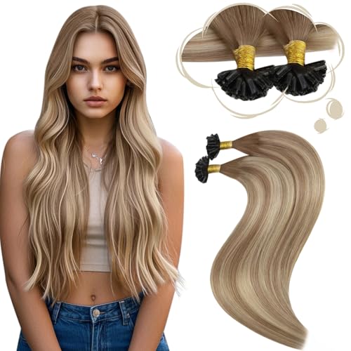 Image of Moresoo U Tip Human Hair Extensions, Brown Sun-Kissed Blonde, 18 Inch | 50g 50 strands, dimensional ombre color and individual placement help create buildable length and volume