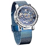 FORSINING Watch for Men, Retro Steampunk Skeleton Manual Mechanical Wrist Watch with Diamond and Royal Carving, Elegant Neutral Clock mesh Band(Blue2)