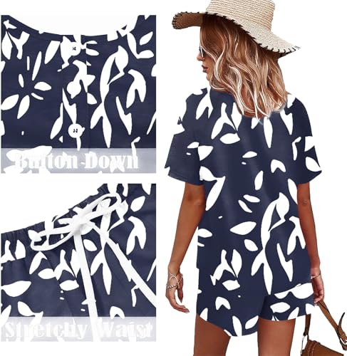 Image of WIHOLL Two Piece Outfits for Women Lounge Sets Button Down Top and Shorts Set Sweatsuits with Pockets