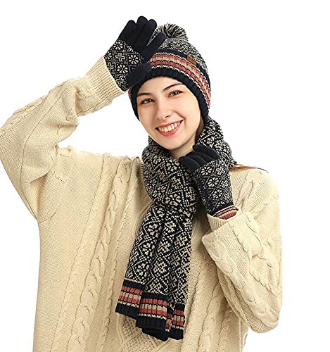 3 In 1 Women Soft Warm Thick Cable Knitted Beanie Hat Scarf & Gloves Winter Set Thickened Lining Cap For Men And Women (Navy(Hat+ Scarf+ Gloves) For Women Or Men) #TOP3