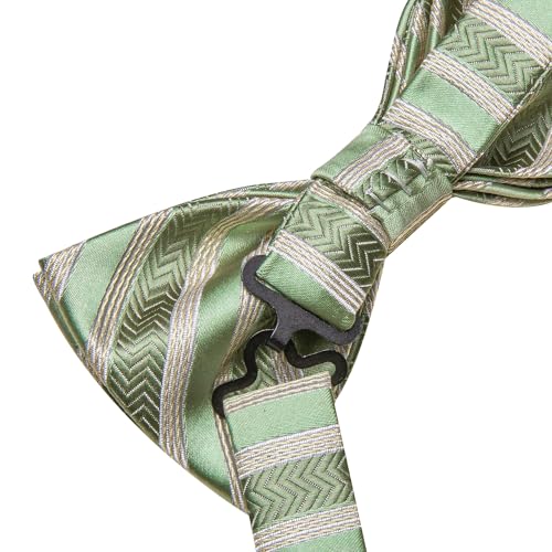 Image of Hi-Tie Sage Green Pre-Tied Bowties for Men Silk Clip On Stripe Mens Bowtie Pocket Square Cufflinks Set for Wedding Party
