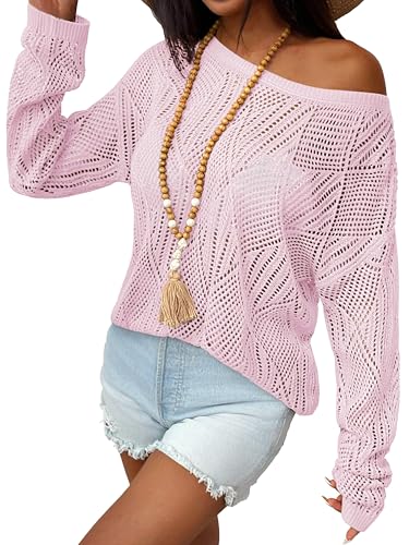 Image of Zeagoo Womens Crochet Top Summer Scoop Neck Long Sleeve Off The Shoulder Sweater Oversized Hollow Out Beach Clothes Pink XXL