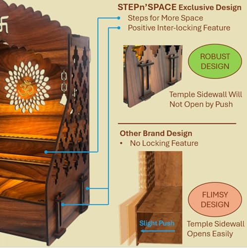 Image of STEPn'SPACE Wooden Temple For Home Big Size Mandir With LED Light & Step Wall Hanging Puja Mandir For Home Temple For Office Pooja Stand For Home & Office Temple With Storage For Shop XL-D28Xw43Xh55Cm
