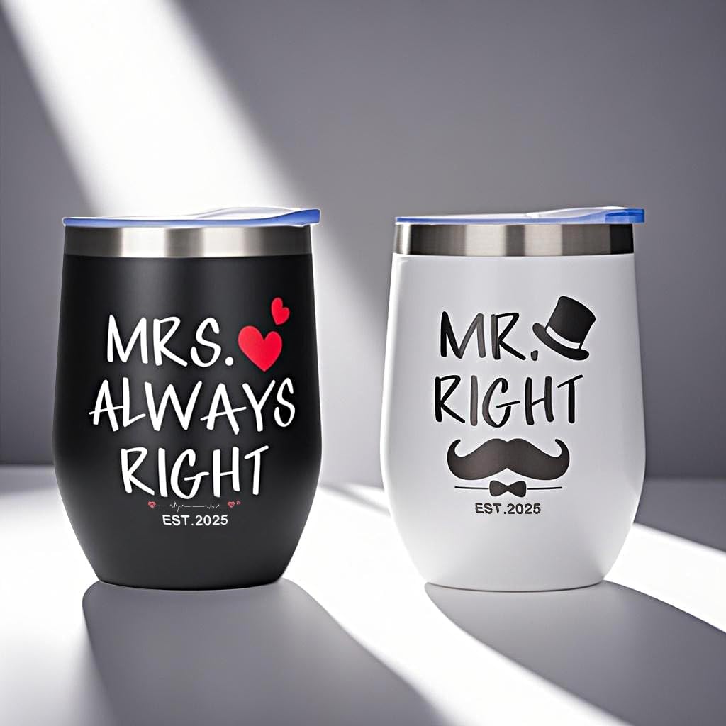 Mr. and Mrs. Right Couples Cups Set with Wooden Gift Box, Insulated Stainless Steel, Funny Gifts for Couples, Bridal Shower Gifts, Christmas(Black (MRS) & White (MR)) - Image 6