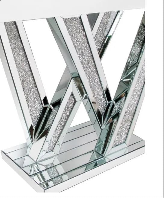 Miniatura 4 de Mesa consola moderna plateada con espejo, mesa de sofá de cristal con incrustaciones de cristales triturados, mesa de entrada de 35 pulgadas con