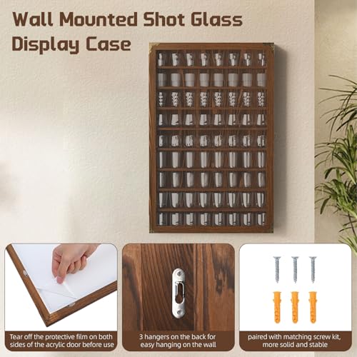 tonchean 72 Slots Large Shot Glass Display Case, Wall Mounted Shot Glass Holder with Acrylic Door, Wooden Glass Display Cabinet with Removable Shelves, 26.85\'\' x 17.5\'\' x 3.35\'\'