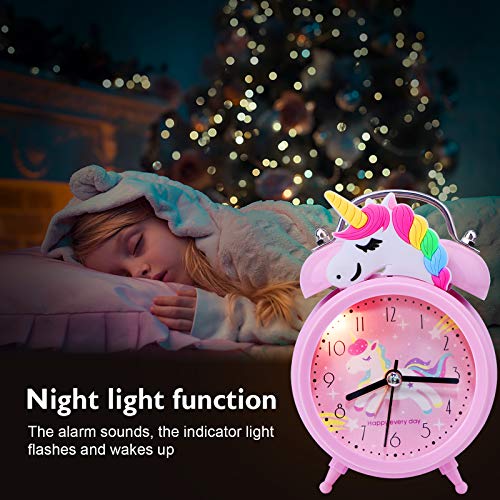 Unicorn Alarm Clock For Girls Kids, Cute Bedroom Decoration, Non Ticking Silent Second Hand, W/Backlight Super Loud Twin Bell, For Kids Unicorn Gifts (Pink) #TOP4