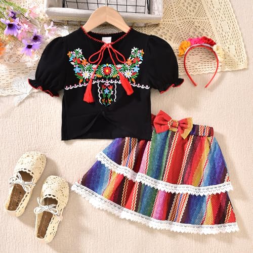Image of HIHA Toddler Little Girls Mexican Embroidered Skirts Outfit