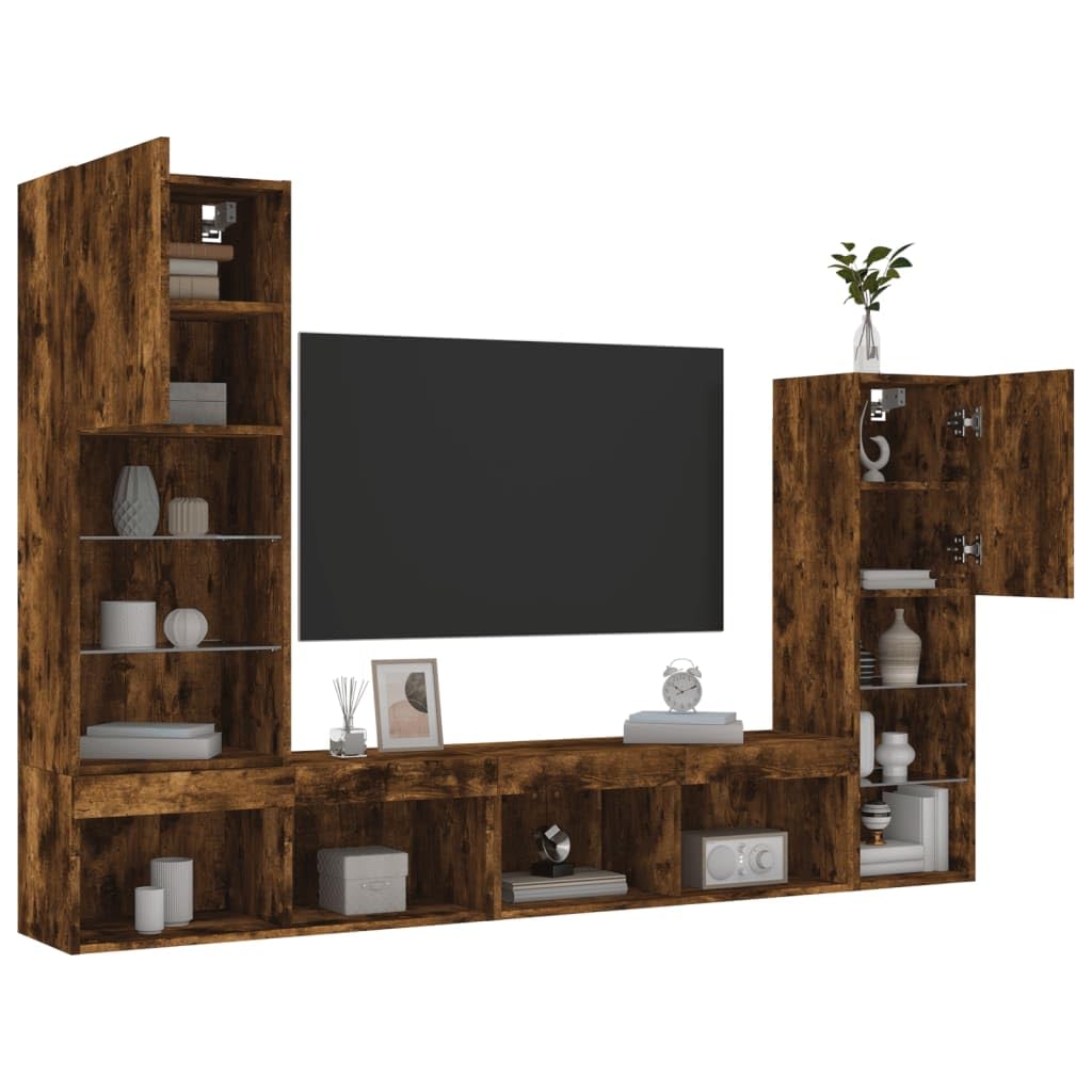 4-częściowy zestaw mebli TV z LED RGB, przydymiony dąb, ścienna szafka RTV z dużą ilością miejsca do przechowywania, do salonu i biura, nowoczesny design, wodoodporna płyta drewnopochodna