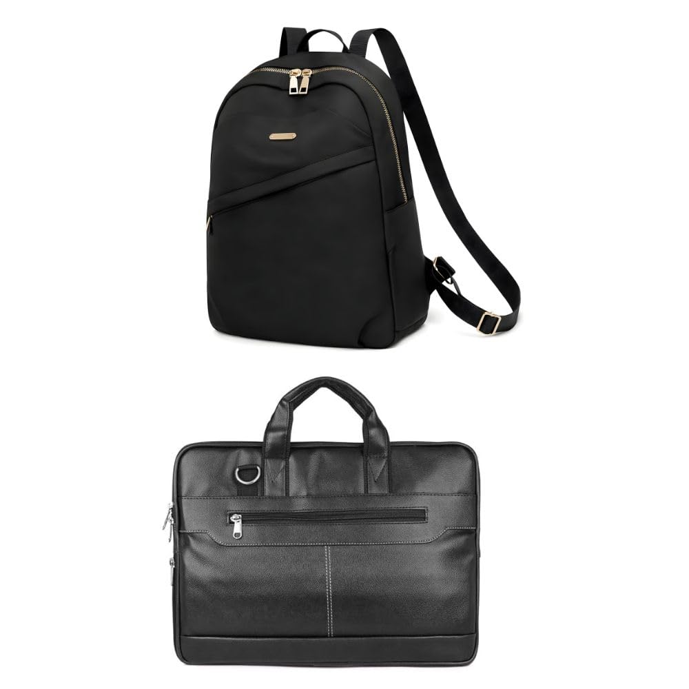 2 Bag Combo Set for Men & Women – Black Fashion Backpack & Laptop Office Bag | Waterproof Faux Leather College, Travel & Work Bags | Spacious Multi-Pocket Design-image-37