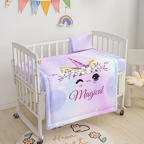 Image of Crib Bedding Set,3pcs Nursery Crib Bedding with Comforter Crib Sheet & Crib Skirt,Lovely Unicorn Flowers Printed Nursery Bedding for Baby Boys and Girls(Purple Unicorn)