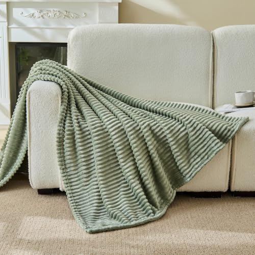 Bnuitland Sage Green Fleece Throw Blanket 300GSM Soft Warm Cozy Fluffy Throw for Babys & Pets Stripe Pattern 50x40 All Season Sofa Bed Blanket for Home Decor