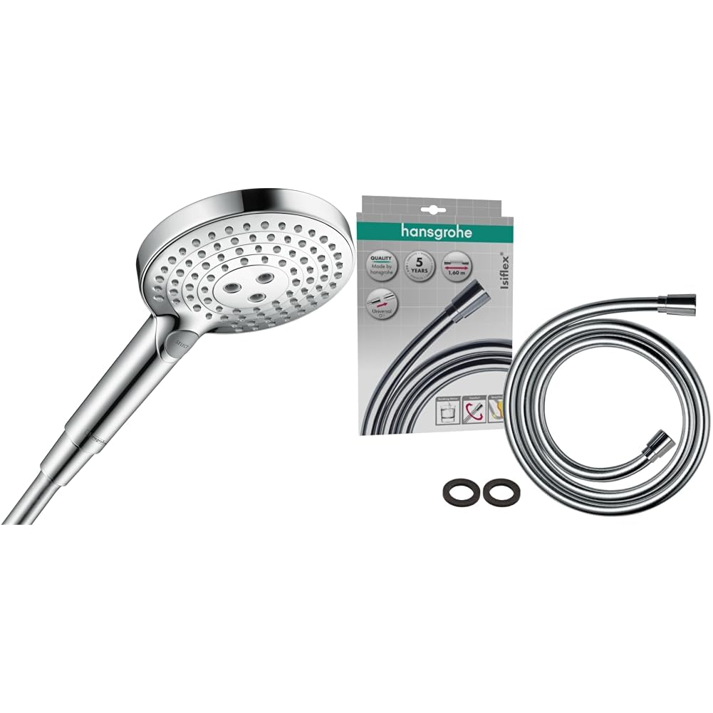 hansgrohe Raindance Select S - Pommeau de douche 3 types de jet, Douchette à main ronde & Isiflex - Flexible de douche universel 1,60 m, tuyau de douche avec protection anti-pliure