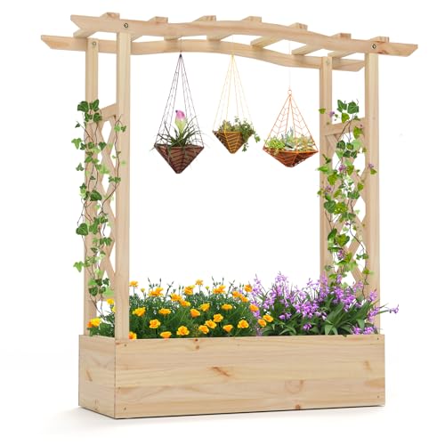 Giantex Raised Garden Bed with Sided Trellis & Hanging Roof, Wood Planter Box, Freestanding Garden Planter Raised Bed for Flowers Herbs Climbing Vines 44”x14”x45” (L x W x H)