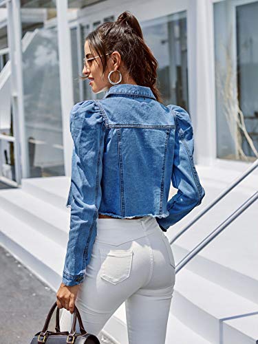 Floerns Women's Casual Ripped Puff Sleeve Button Front Jean Denim Jacket2