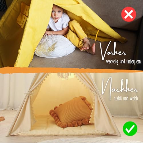 LIONHERZ® Tipi-Matte mit Bänder 120x120cm | gepolsterte Bodendecke für Spielzelt/Spielhaus | weiche quadratische Spieldecke für Kinder| abgesteppte Einlage/Unterlage zum Binden (Sunny Cream)