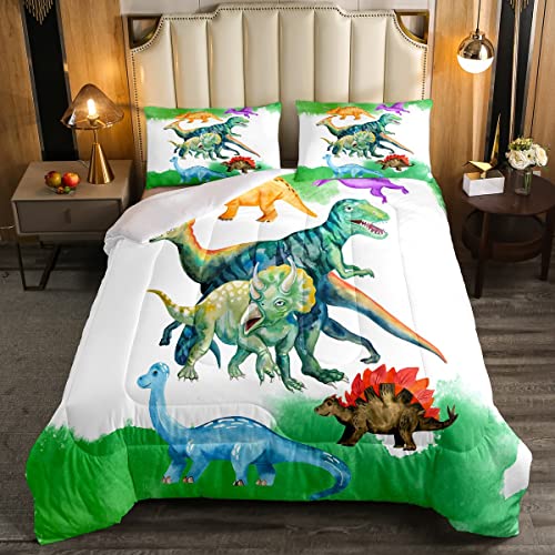 Set di biancheria da letto per bambini con dinosauri colorati con motivo a fumetti Dino Down alternativo piumino, per bambini, animali della giungla, set Trapunta T-Rex Wildlife con inserto per p