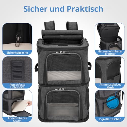 FASRIOU Katzenrucksack für 2 Katzen bis 12kg, Katzentransportbox für 2 Katzen, Große Haustier Rucksack für kleine Hunde, Katzentransporter mit Abnehmbarer Matte und atmungsaktivem Mesh, Schwarz