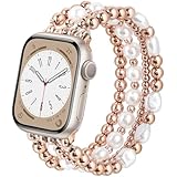AIRSPO Gold Beaded Bracelets Compatible for Apple Watch Band 38mm 40mm 41mm 42mm 44mm 45mm Women, Fashion Handmade Dressy iPhone Watch Bands Elastic Strap for iWatch Series SE 8 7 6 5 4 3 2 1 (Rose Gold, 42mm/44mm/45mm-S(5.3'-6.2'))