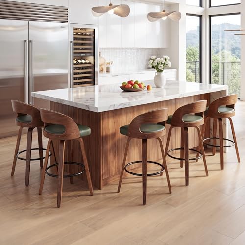 Image of AQG Swivel Bar stools Set of 6 Bar Chairs 26 inch Counter Height Mid-Century Modern Bentwood Barstool PU Leather Upholstered Bar Chair with Back and Footrest, for Bar, Cafe, Dining, Kitchen Island, Green