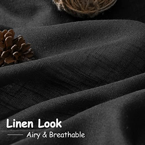 Image of Solid Black Curtains 96 Inches Long 2 Panel Set Back Tab Sheer Black Linen Curtain Modern Farmhouse Muslin Look Cotton Textured Gauze Curtains 96 inch Length for Patio Sliding Door Office Bedroom