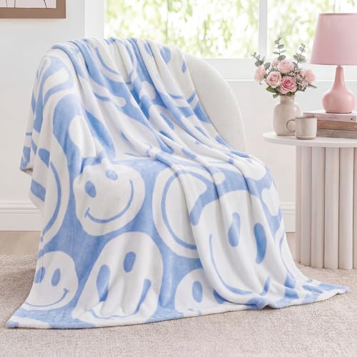 Frienda Preppy Throw Blanket Smile Face Cute Flannel Soft Plush Fuzzy Blanket Preppy Bedding Stuff for Dormitory Living Room 50 x 60(Blue Distort Smile Face)