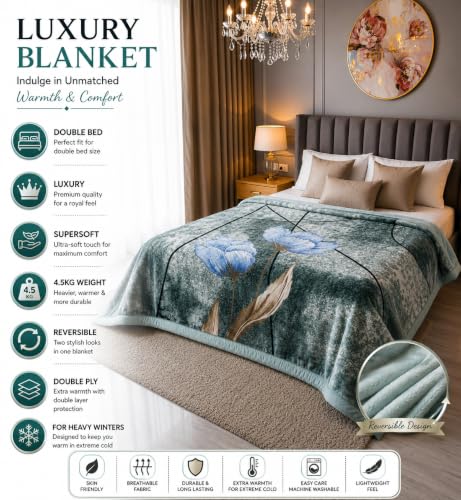 Image of Signature Exclusive Supersoft Luxury Heavy Winter Double Ply Double Bed Mink Blanket - 4.5 kg | 100% Polyester | 2.10 m x 2.40 m | Royal Luxe Comfort for Extreme Cold (Glacier Daisy)