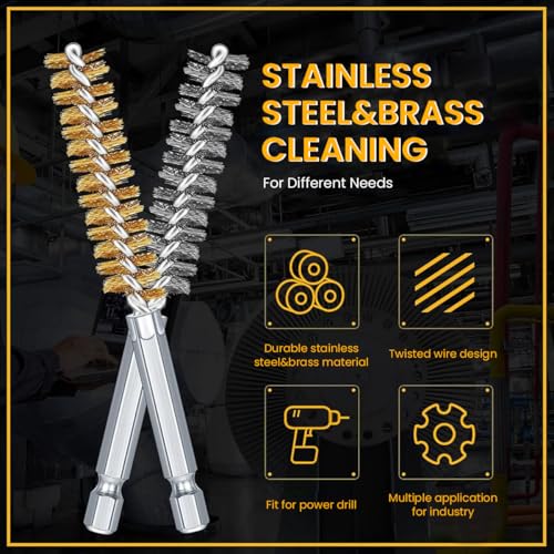 Image of Serplex 12Pcs Bore Brush Set for Drill Stainless Steel & Brass Wire Cleaning Brushes with 1 /4 inch Hex Shank, Wire Brush for Drill Machine, Rust & Paint Removal Tools for Power Drill, Impact Driver