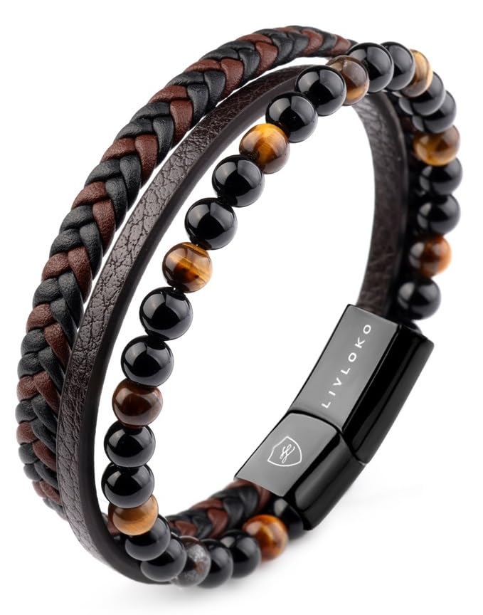 LONDON Mens Bracelet Leather Black Multi-Layer Stone Beads Adjustable Steel Clasp Viking Rope Bands Surfer Man Wristband Male UK Jewellery Gift box Boyfriend Dad Son Brother Tiger Eye
